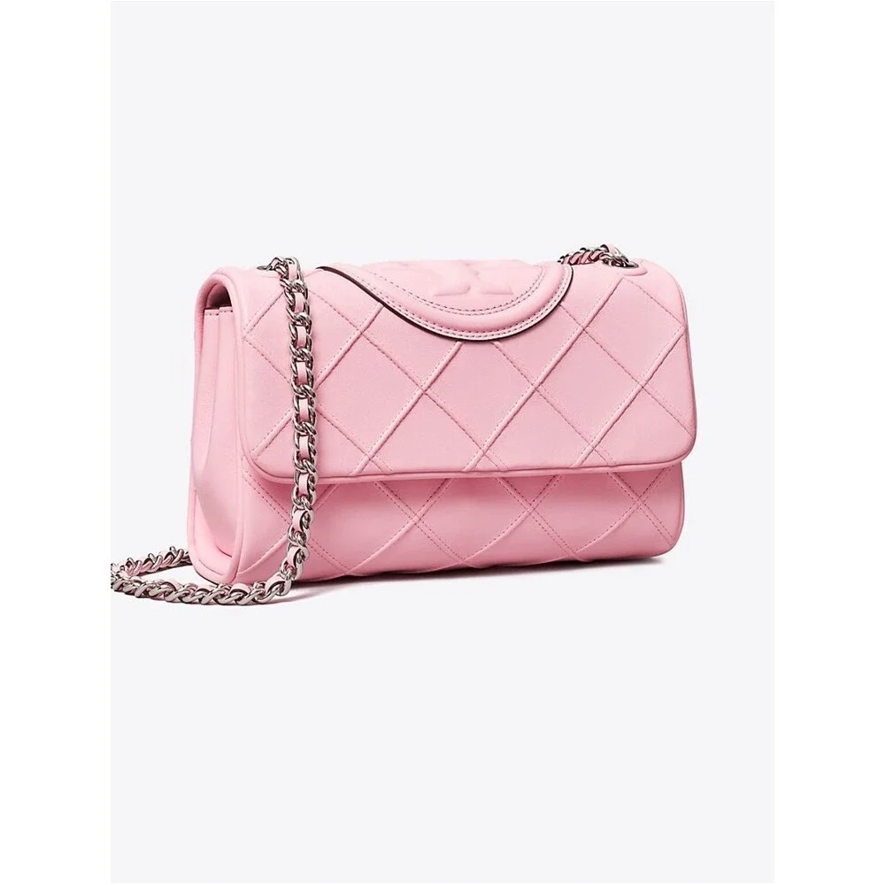 NWT Tory Burch Small Fleming Soft Convertible Shoulder Bag Pink Plie / Silver